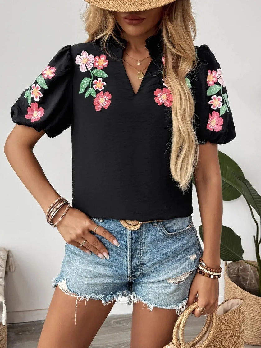 Floral Puff Sleeve Notched Blouse  Style Ratio