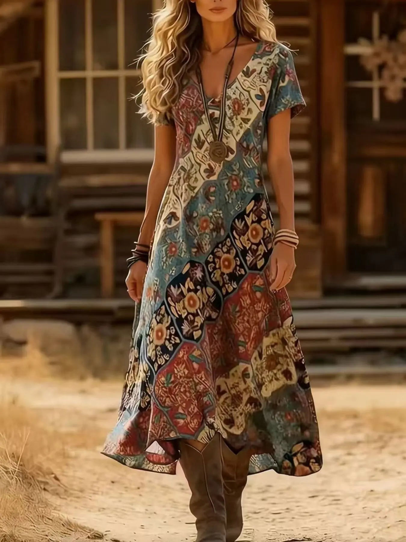 Printed V-Neck Short Sleeve Midi Dress  Style Ratio
