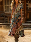 Printed V-Neck Short Sleeve Midi Dress  Style Ratio