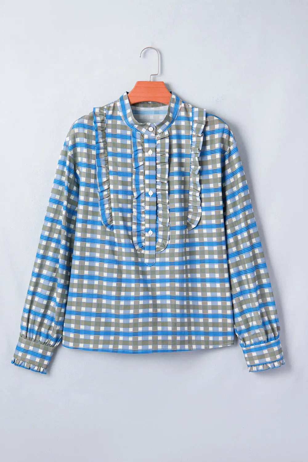 Plaid Long Sleeve Frilled Detail Half Button Blouse  Style Ratio