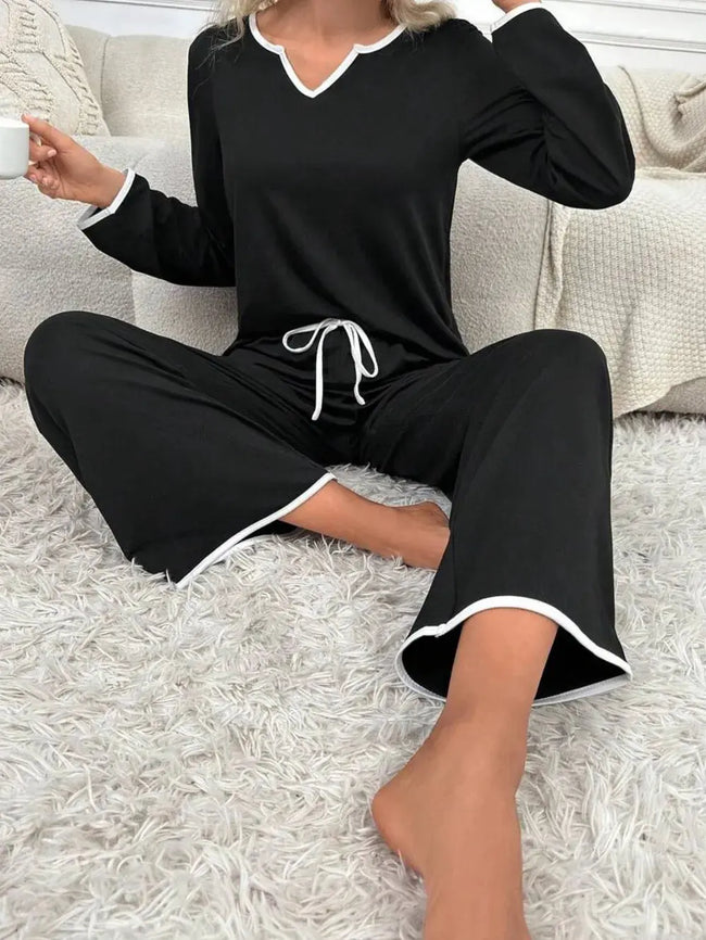 Contrast Trim Notched Long Sleeve Top and Pants Lounge Set  Style Ratio