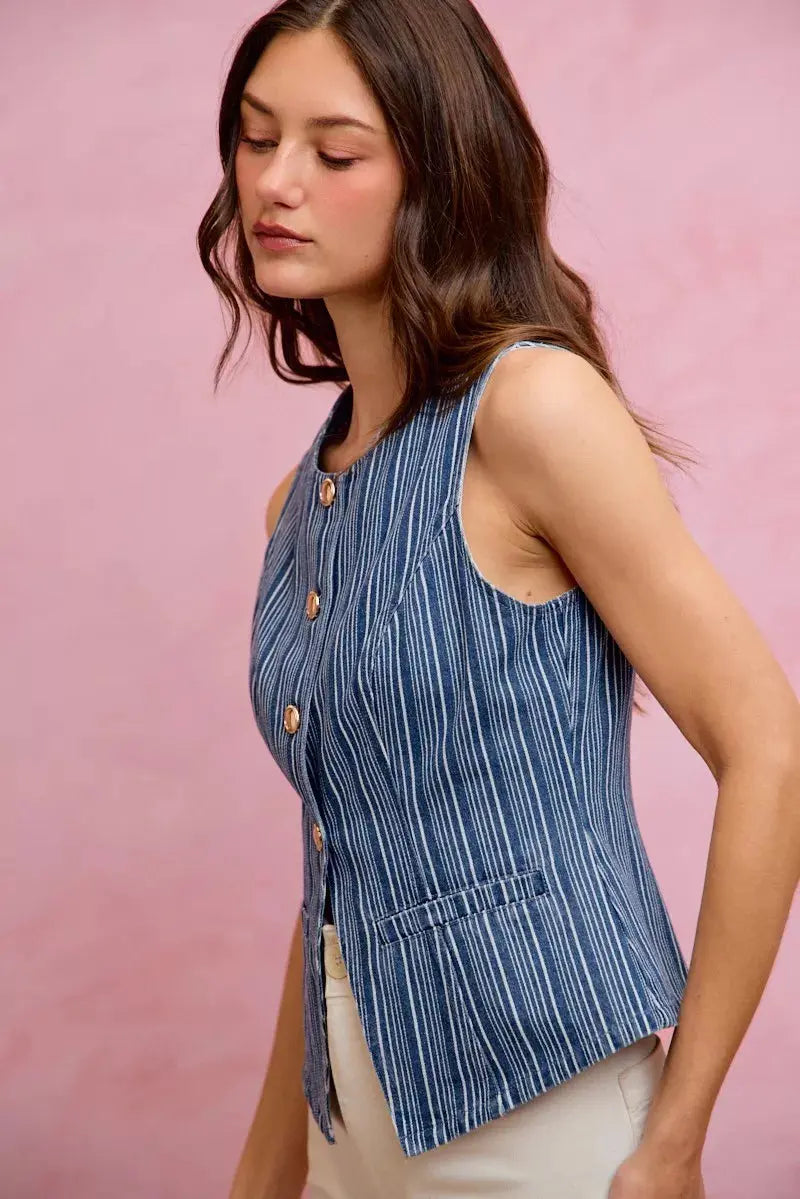 SO ME Stripe Slim Fit Button Front Denim Vest Top  Style Ratio