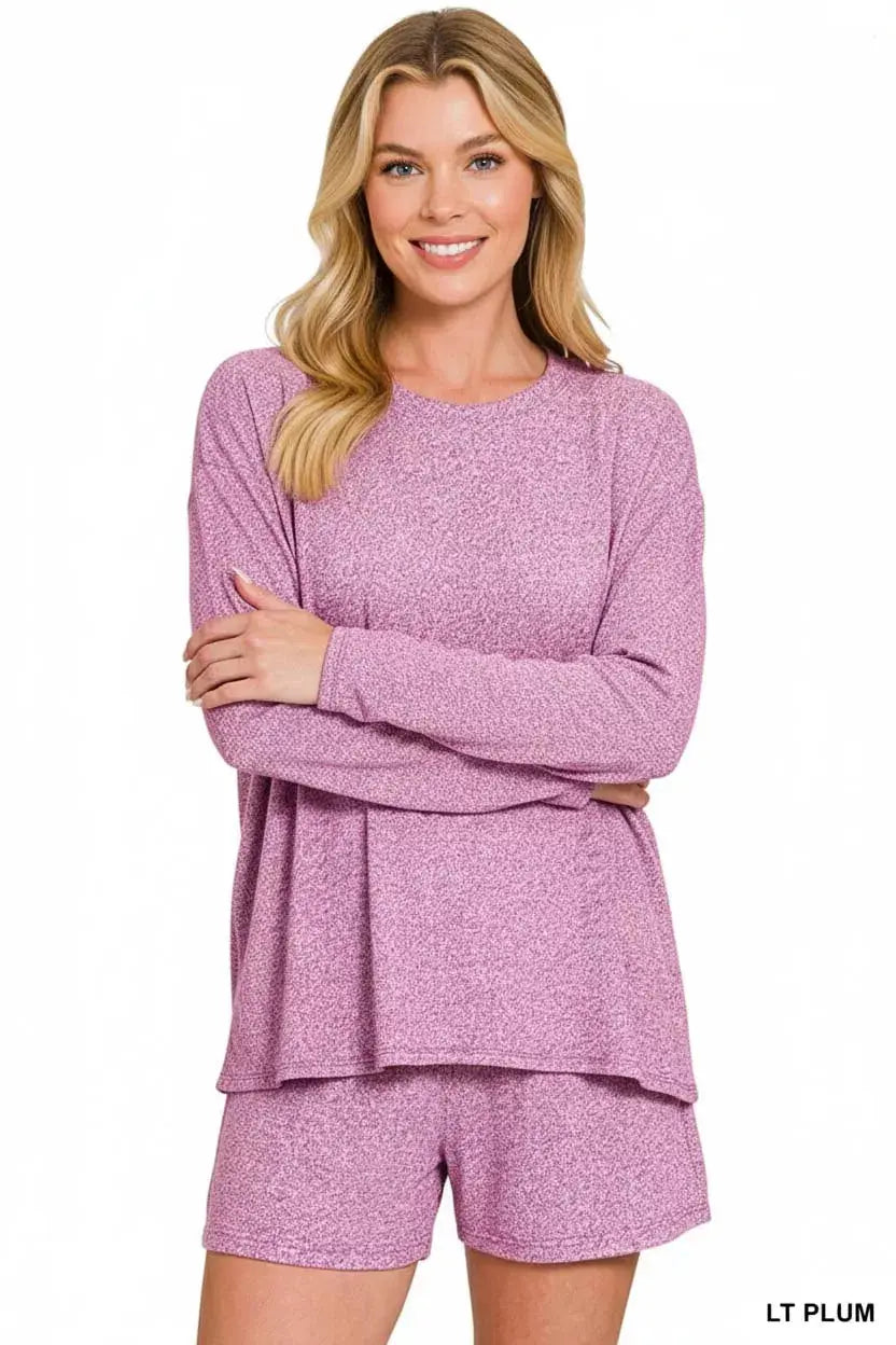Zenana Soft Melange Long Sleeve Tee and Shorts Loungewear  Style Ratio