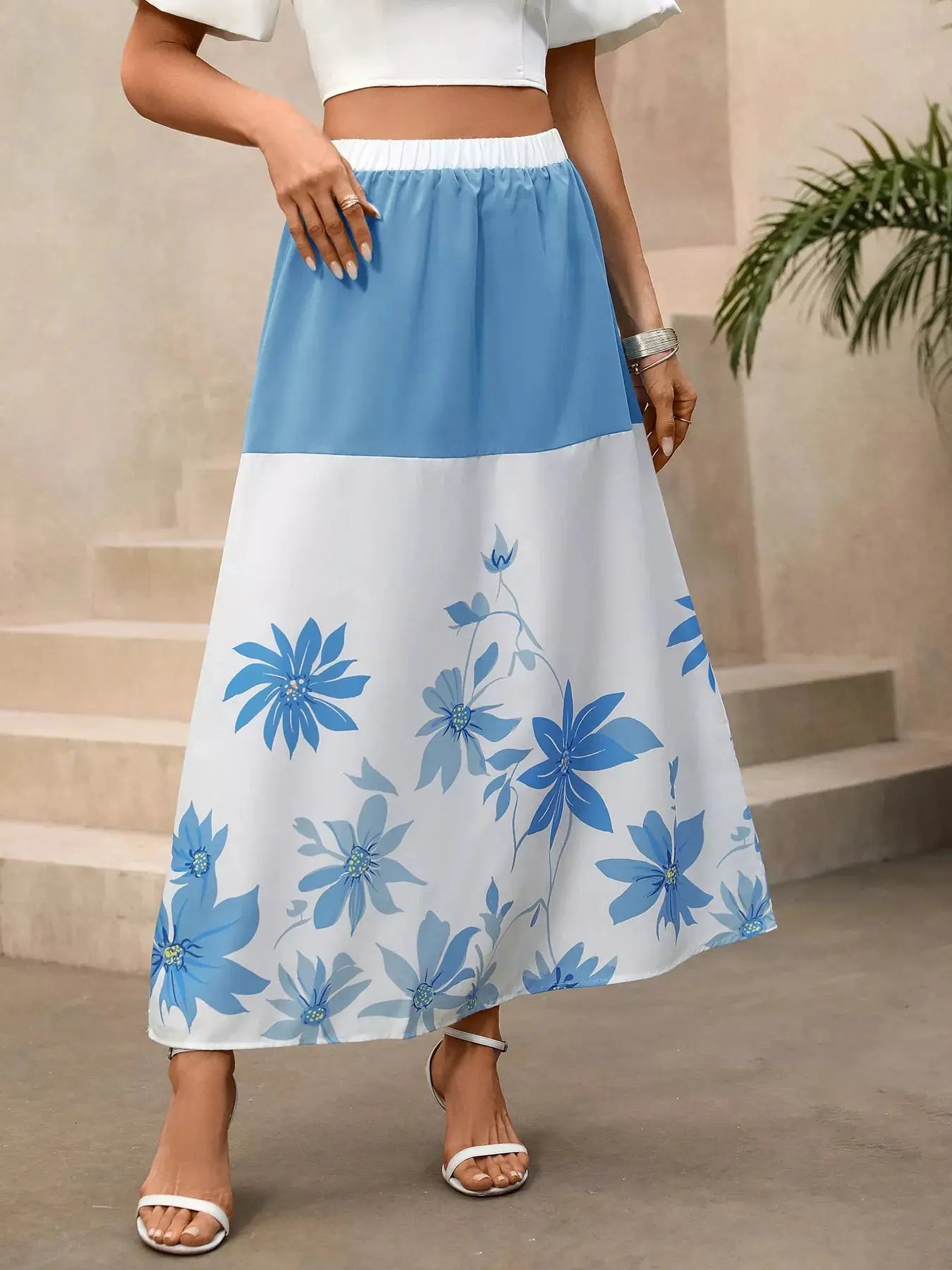 Floral Print Color Block Skirt  Style Ratio