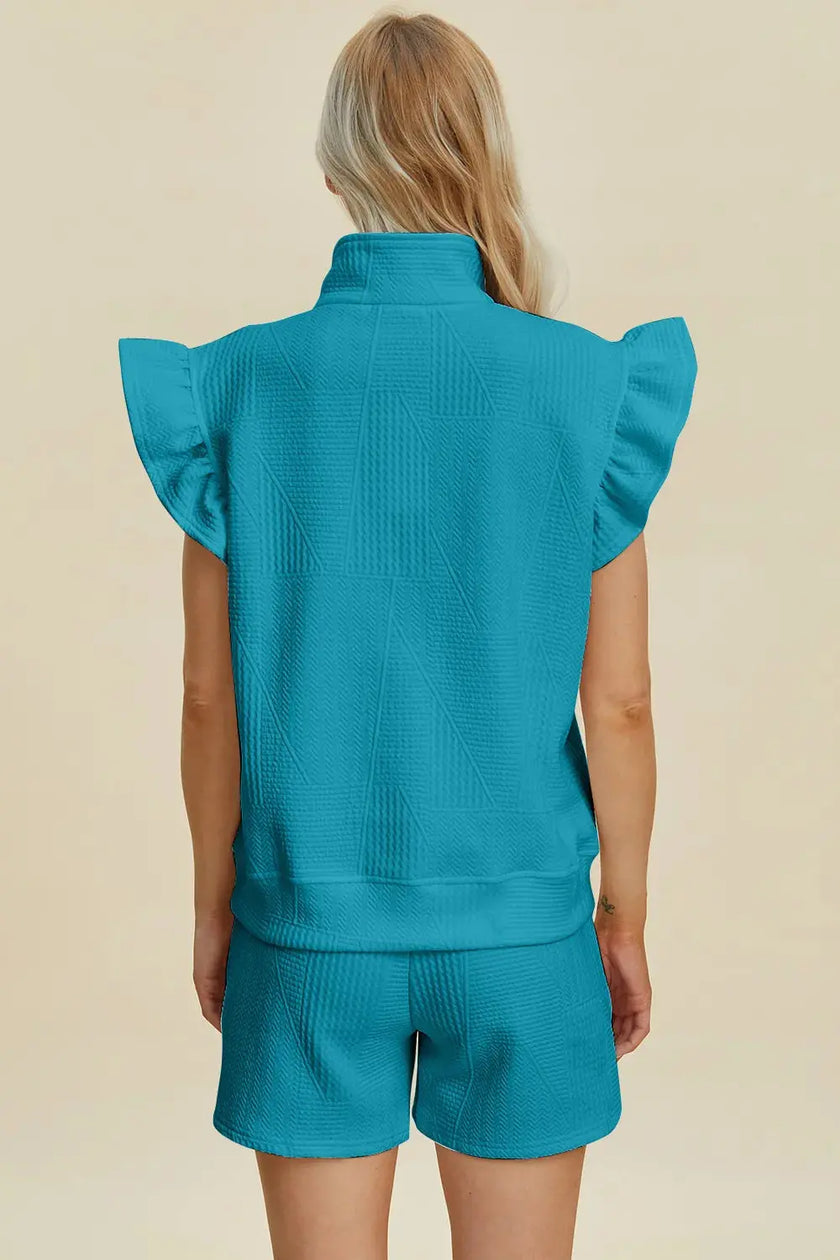 Double Take Full Size Texture Flounce Sleeve Top and Shorts Set  Style Ratio