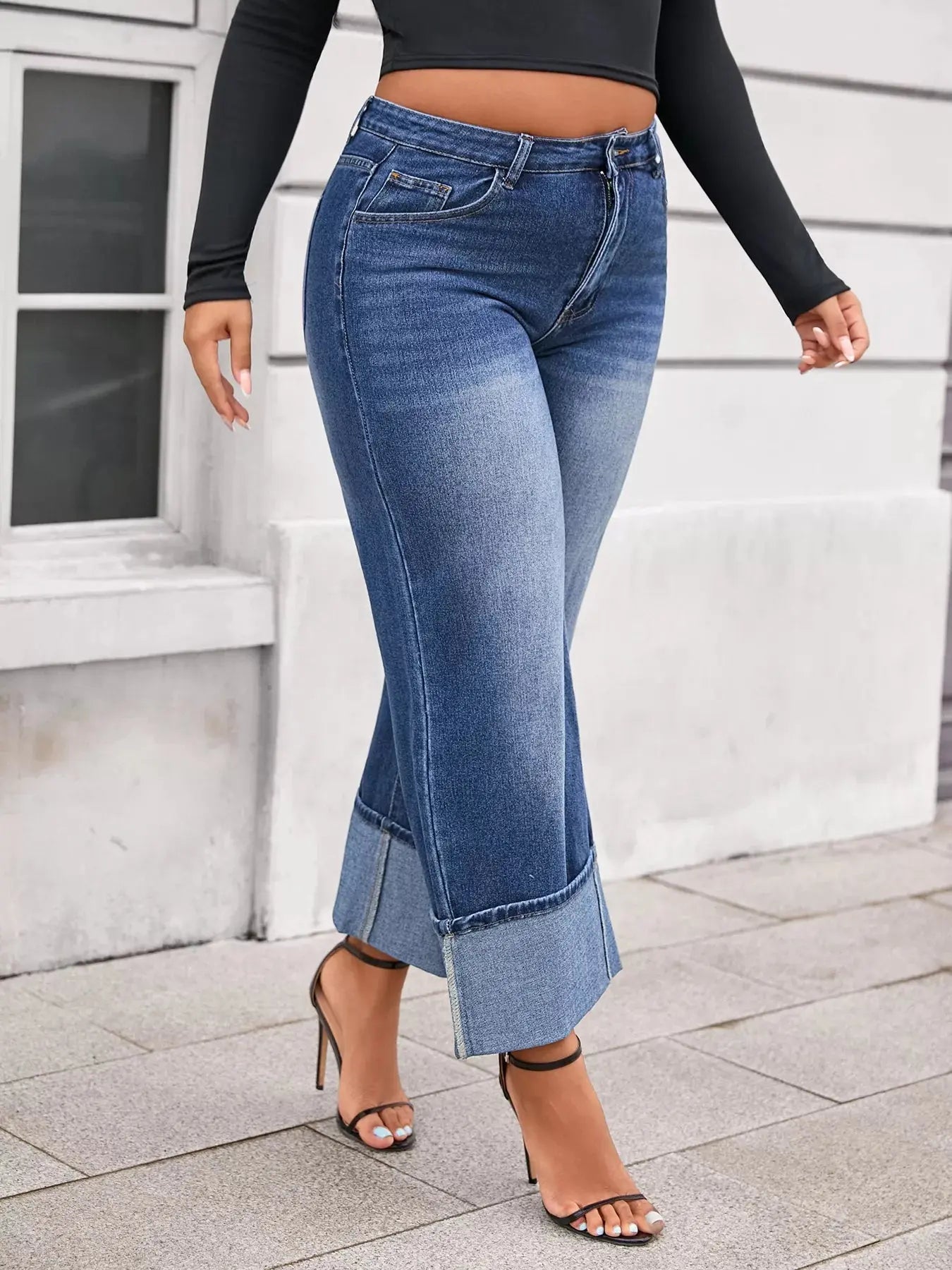 Plus Size High Waist Cuffed Wide Leg Jeans  Style Ratio
