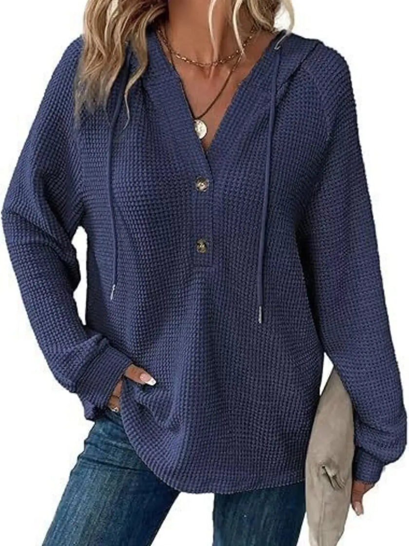 Full Size Button Detail Waffle Knit Hoodie  Style Ratio