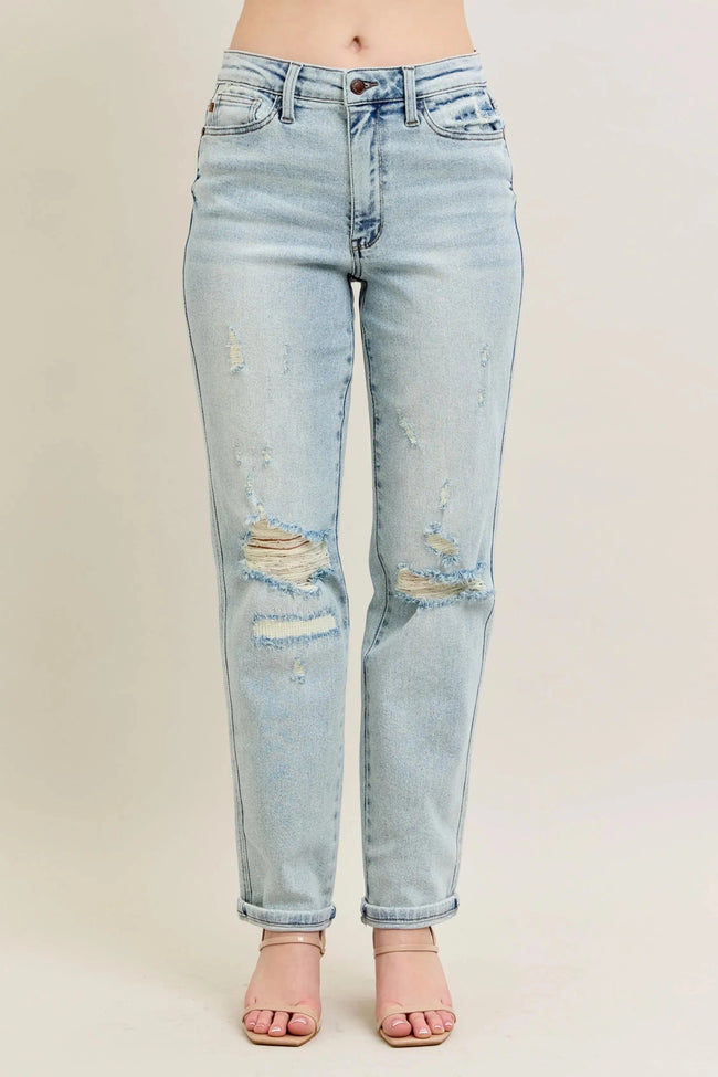 Judy Blue Full Size Mr Repair Stitch Detail Destroy Single Cuff Bf Jeans Plus Size  Style Ratio