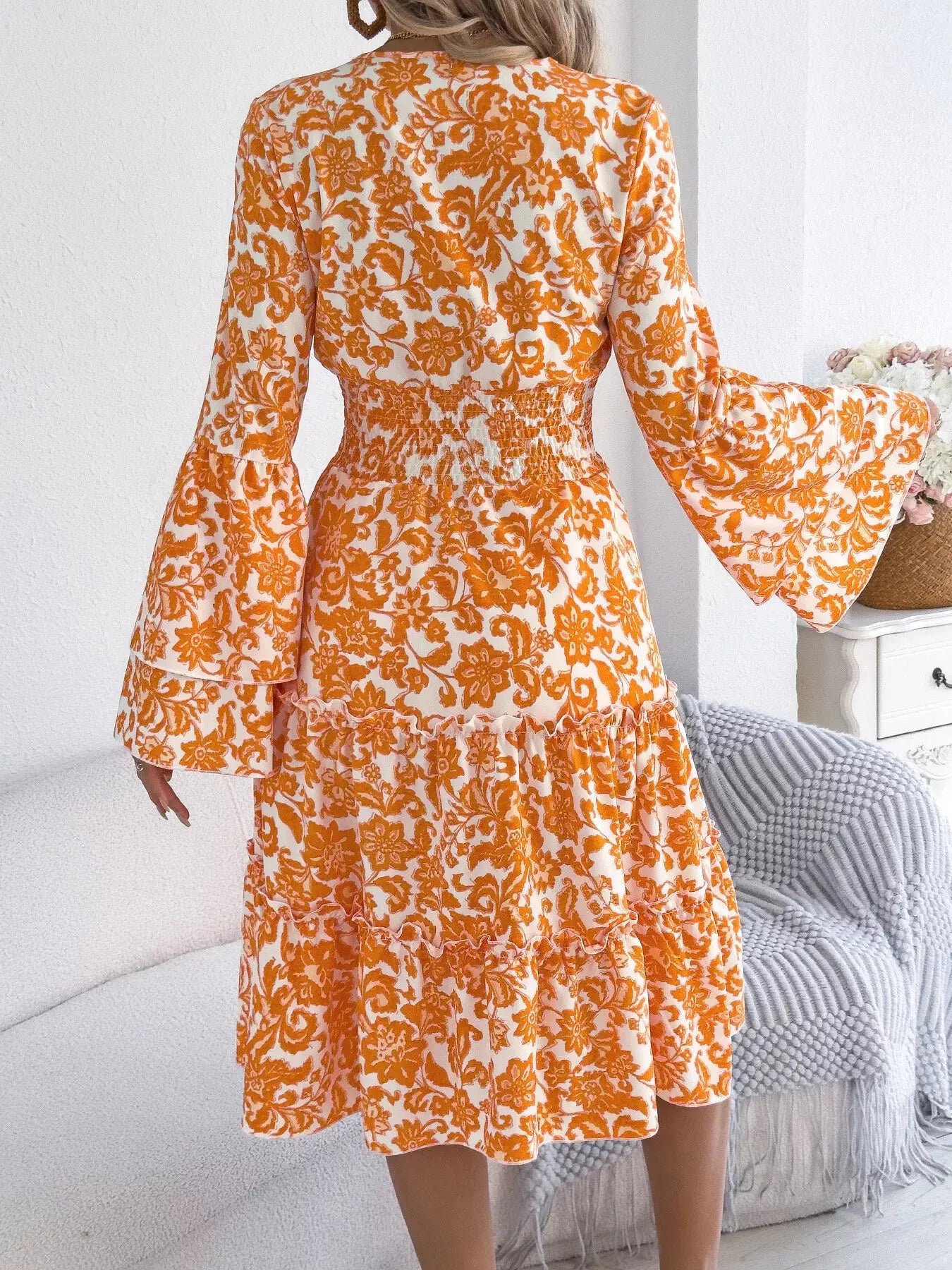 Floral Print Smocked Ruffle Hem Flared Sleeve Dress  Style Ratio