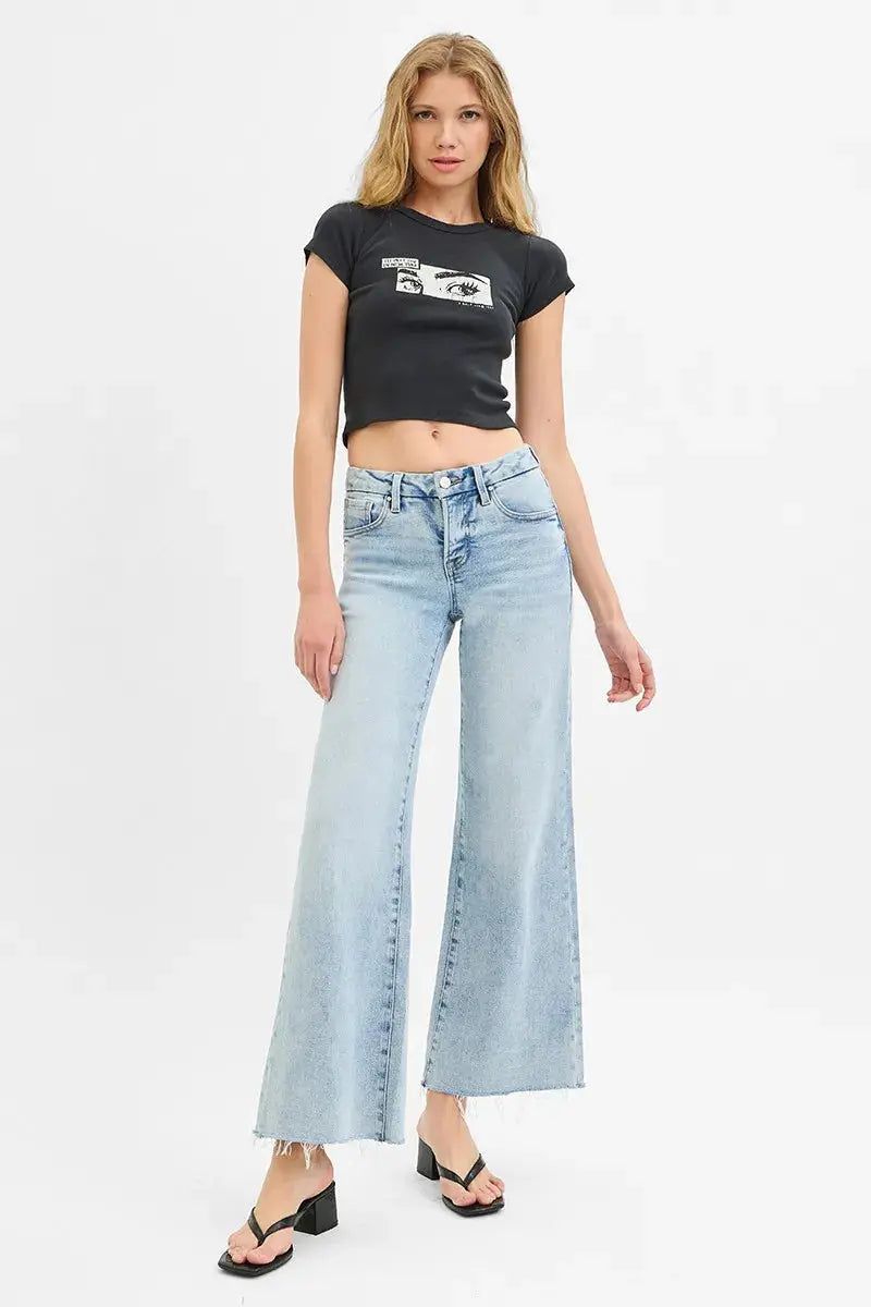 RISEN Full Size Tummy Control Low Rise Wide Leg Raw Cut Hem Jeans Plus Size  Style Ratio