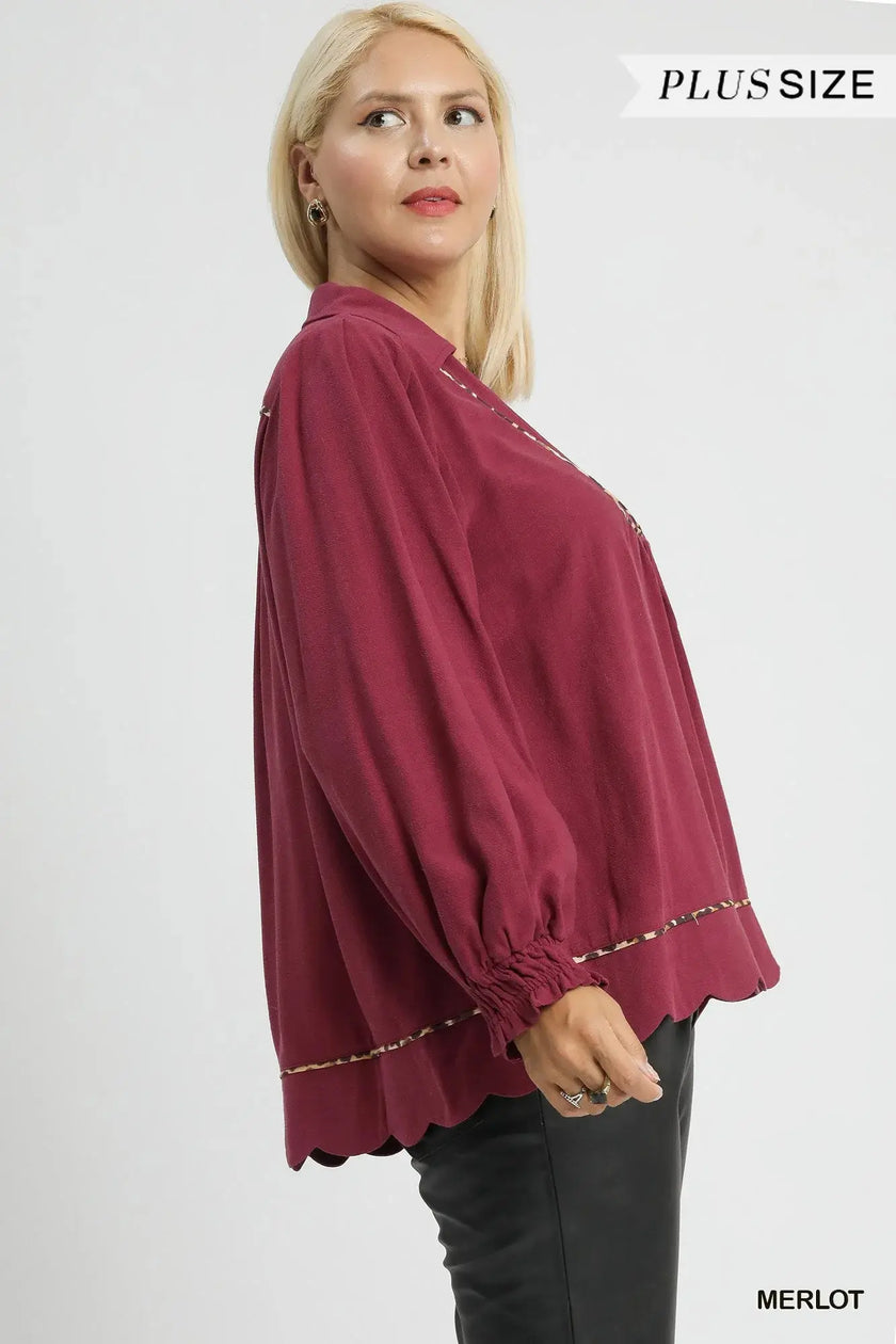 Umgee Full Size Linen Scallop Hem Blouse with Contrast Trim  Style Ratio