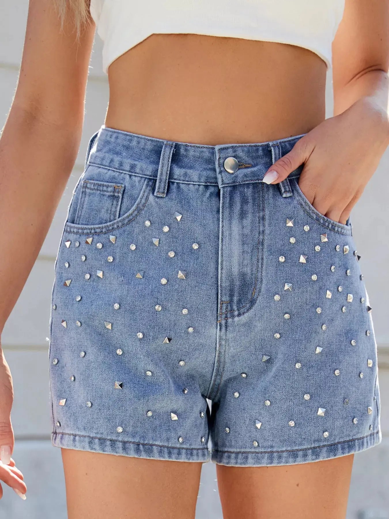 Studded High Waist Denim Shorts  Style Ratio