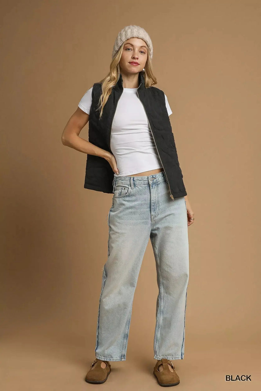 Umgee Quilted Floral Zip Up Vest with Pockets  Style Ratio