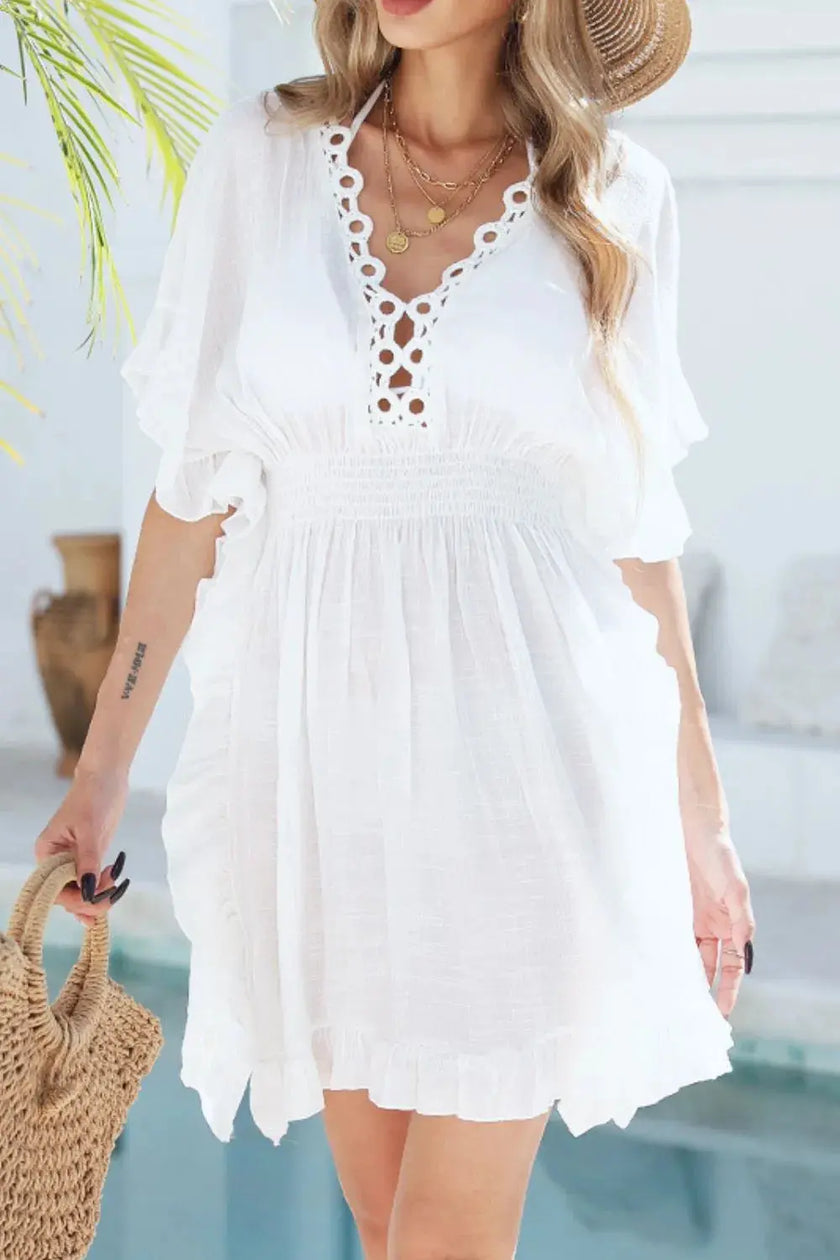 Ruffled Smocked Waist V-Neck Cover-Up  Style Ratio