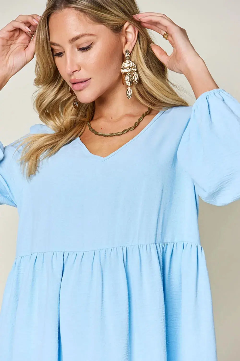Double Take Full Size V-Neck Balloon Sleeve Tiered Dress with Pockets  Style Ratio