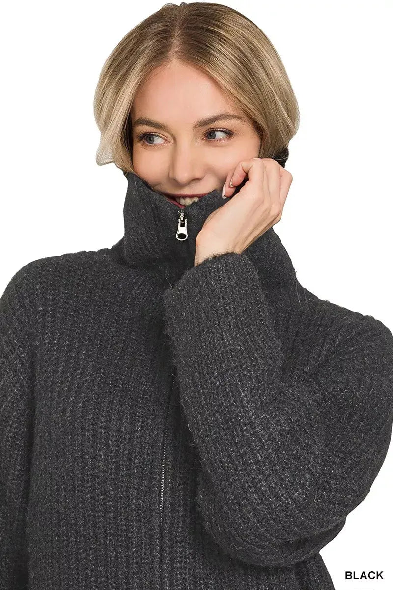 Zenana High Neck Full Zip Sweater Cardigan  Style Ratio