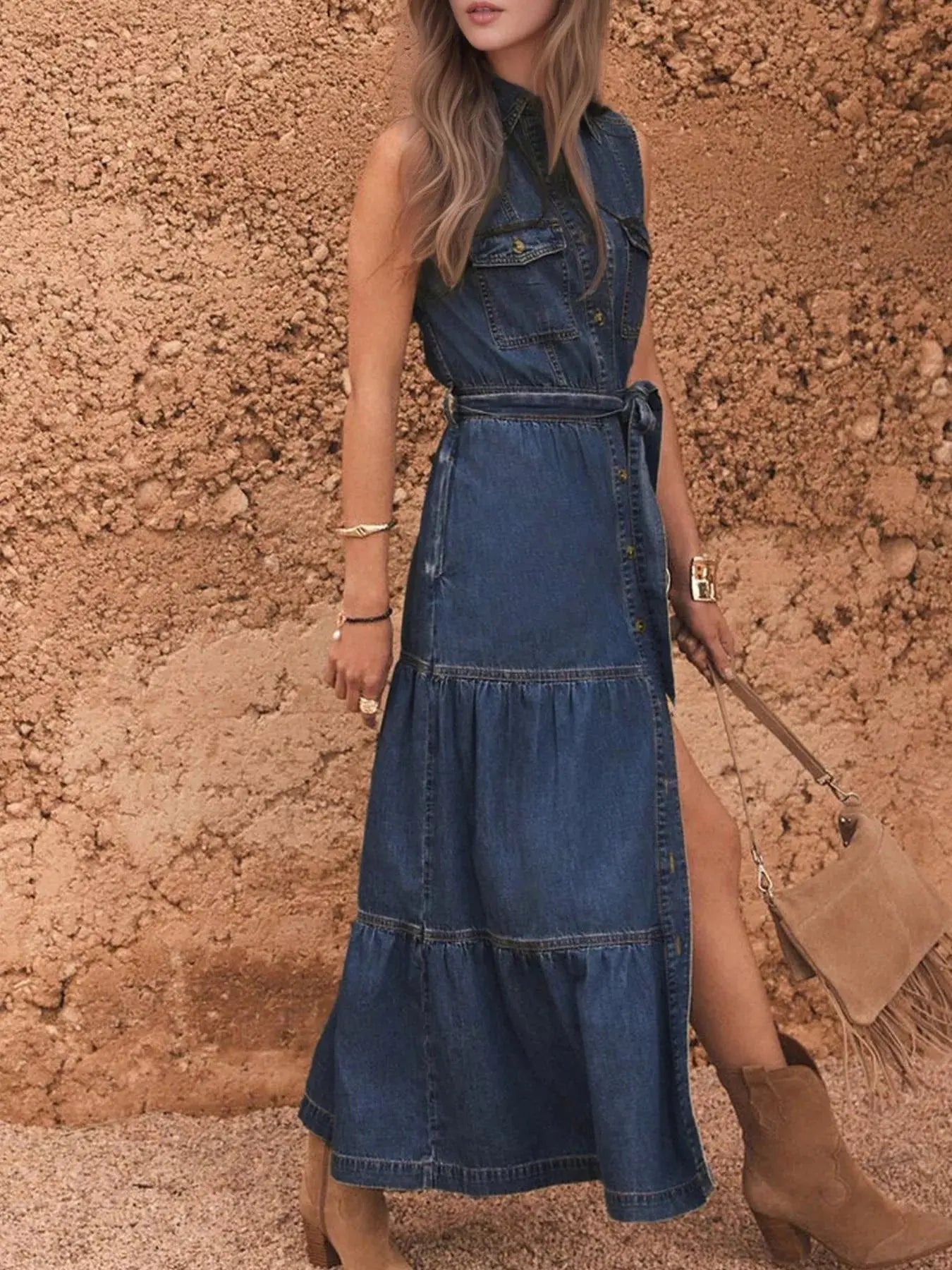 Button Front Sleeveless Denim Dress  Style Ratio