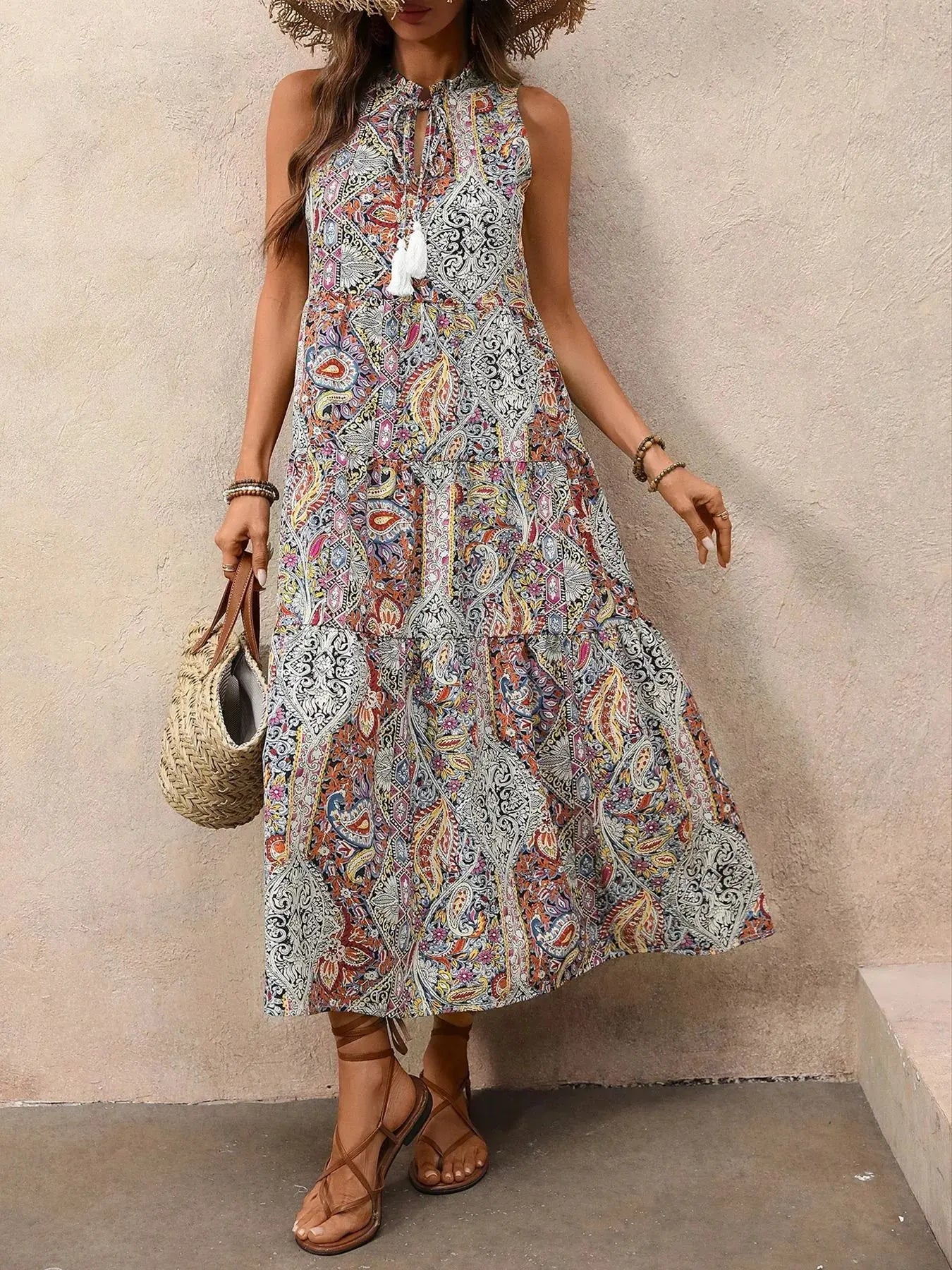Paisley Print Tie Neck Sleeveless Midi Dress  Style Ratio
