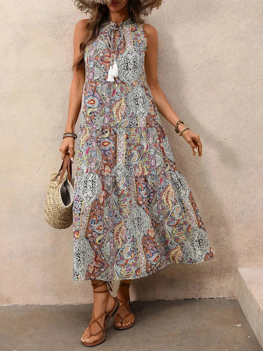Paisley Print Tie Neck Sleeveless Midi Dress  Style Ratio