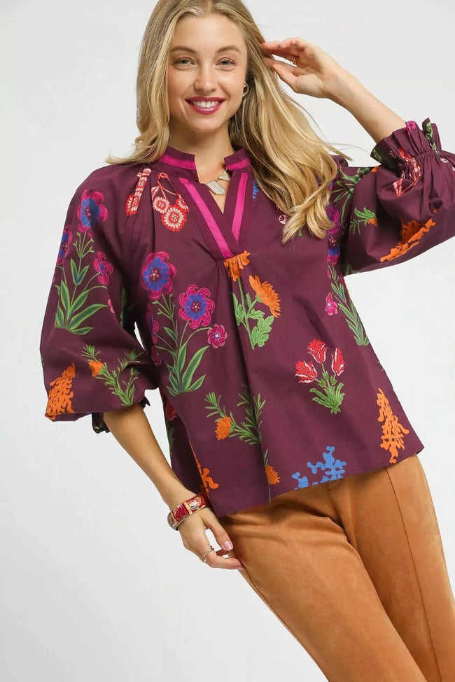 Umgee Floral Print Flounce Sleeve Blouse  Style Ratio