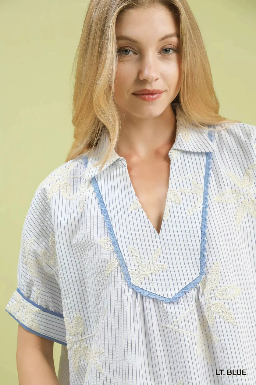 Umgee Striped Embroidered Blouse with Scallop Trim  Style Ratio