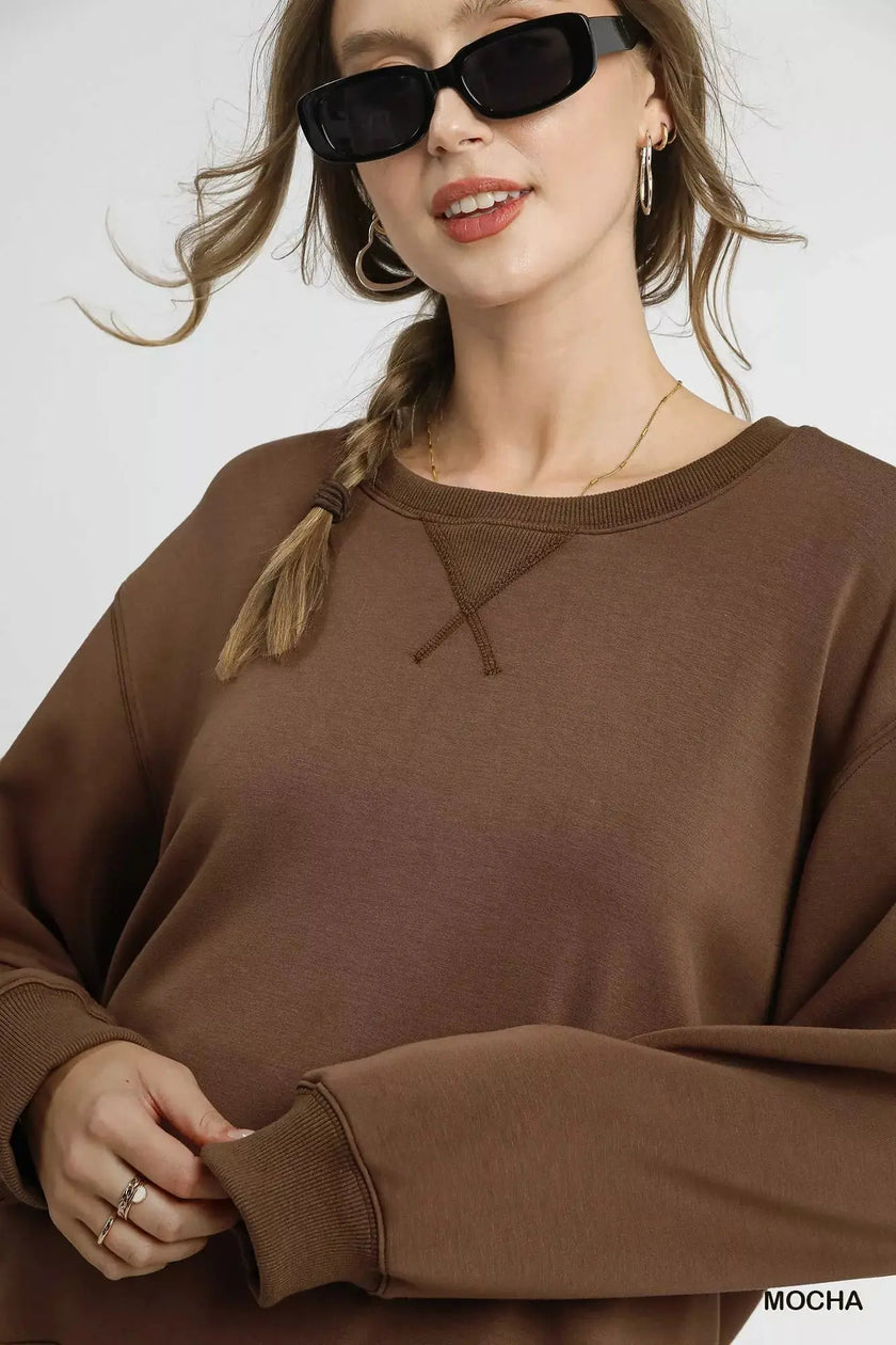 Umgee Round Neck Long Sleeve Fleece Sweatshirt  Style Ratio
