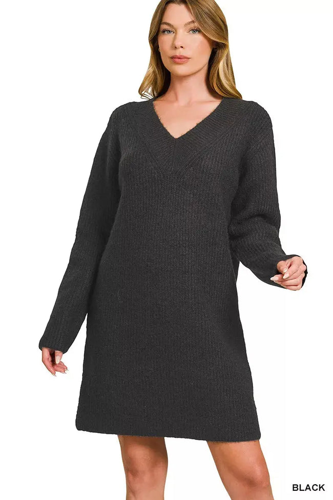V-Neck Long Sleeve Ribbed Sweater Dress  Style Ratio
