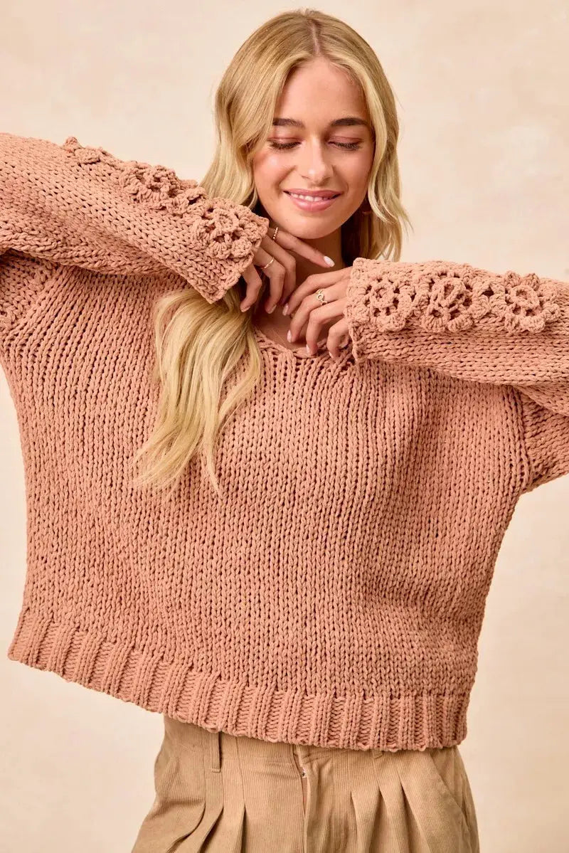 BiBi Chunky Knit Sweater with Flower Detail Sleeves  Style Ratio