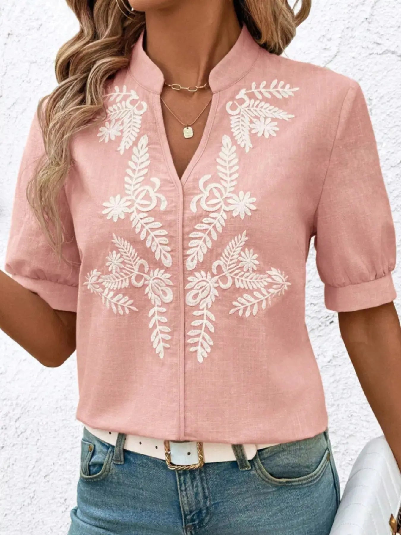 Embroidered Notched Short Sleeve Blouse  Style Ratio