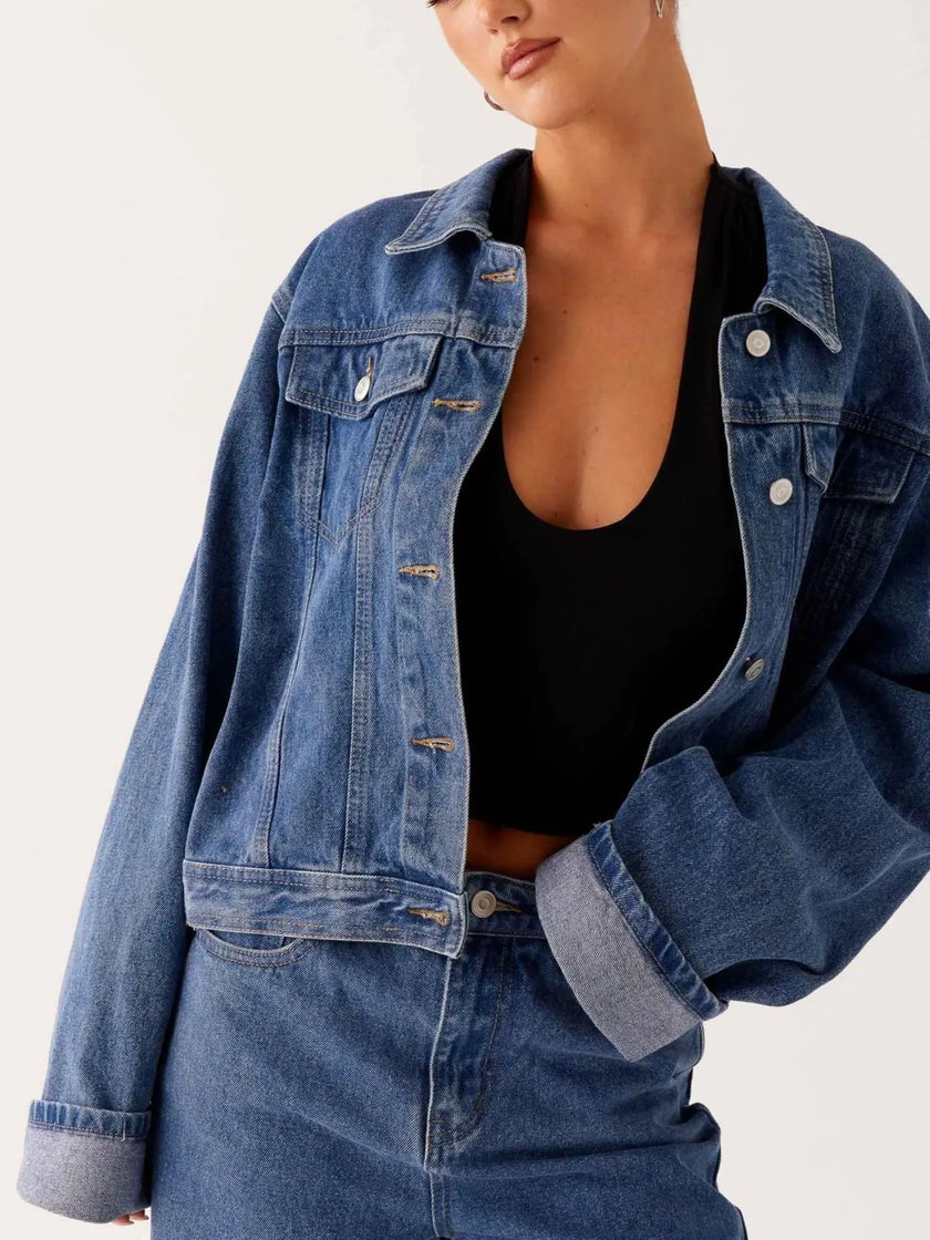 Button Down Cropped Oversized Denim Jacket  Style Ratio