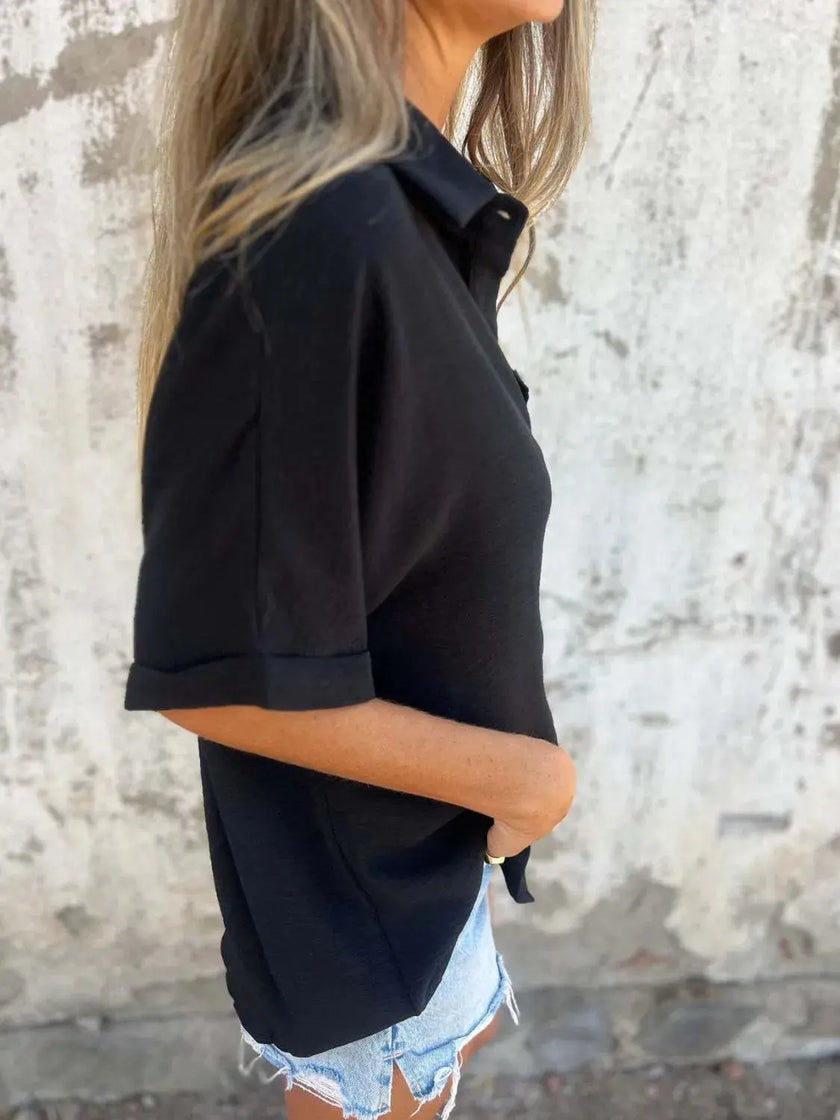 Full Size Collared Neck Half Sleeve Shirt  Style Ratio