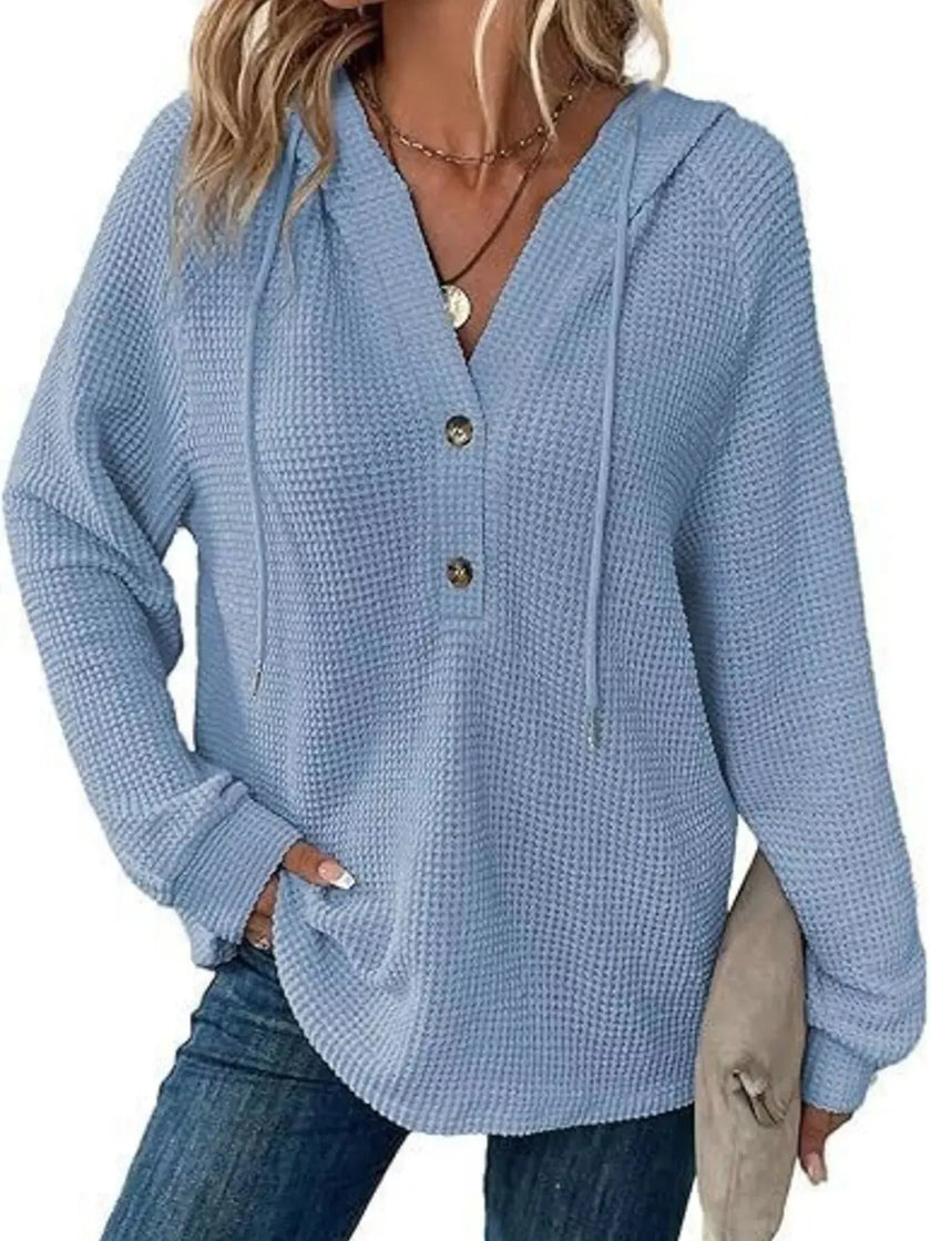 Full Size Button Detail Waffle Knit Hoodie  Style Ratio