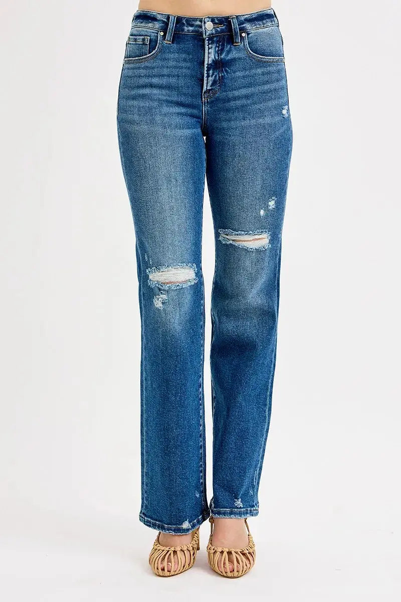 RISEN Full Size Tummy Control High Rise Straight Distressed Jeans  Style Ratio