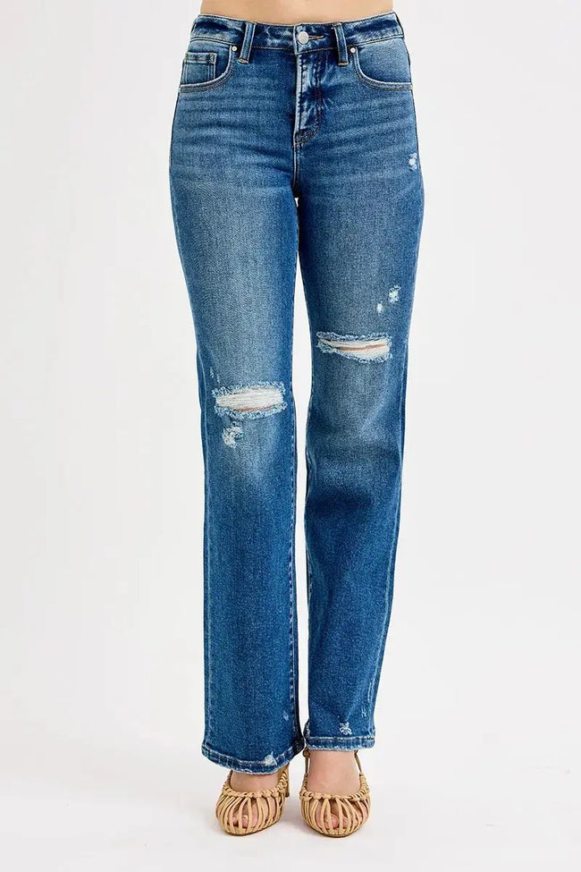 RISEN Full Size Tummy Control High Rise Straight Distressed Jeans  Style Ratio