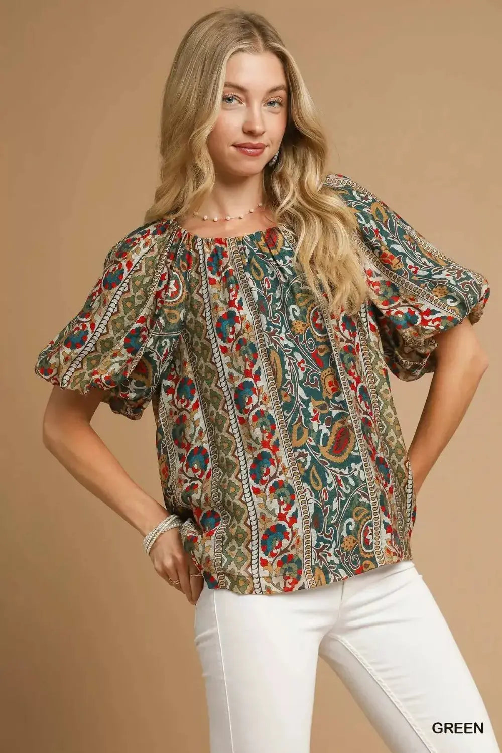 Umgee Boho Floral Stripe Puff Sleeve Blouse  Style Ratio