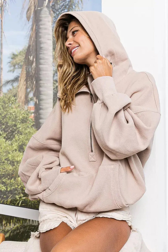BiBi Stitch Detailed Elastic Hem Half Zip Fleece Hoodie  Style Ratio
