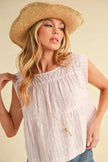 Aemi + Co Ruched Striped Round Neck Sleeveless Blouse  Style Ratio