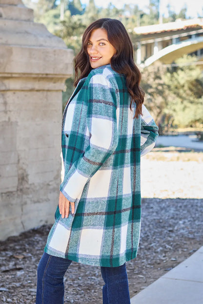 Double Take Plaid Button Up Lapel Collar Coat Trendsi