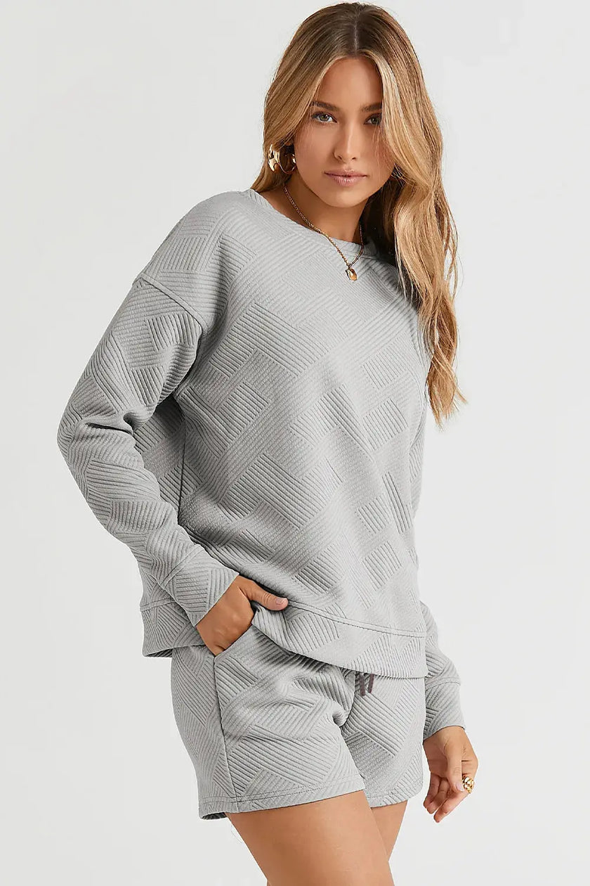 Double Take Full Size Texture Long Sleeve Top and Drawstring Shorts Set  Style Ratio
