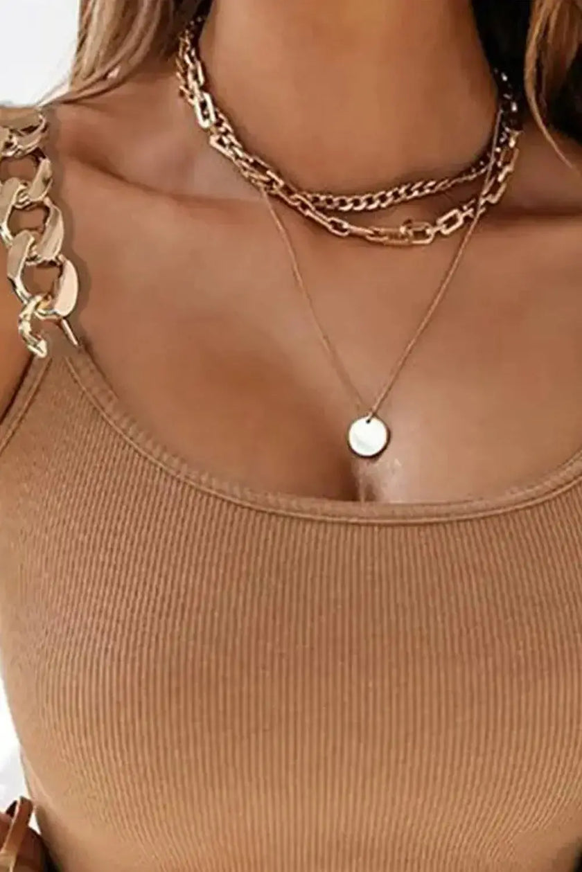 Brown Gold Chain Straps Rib Knit Tank Top  Style Ratio