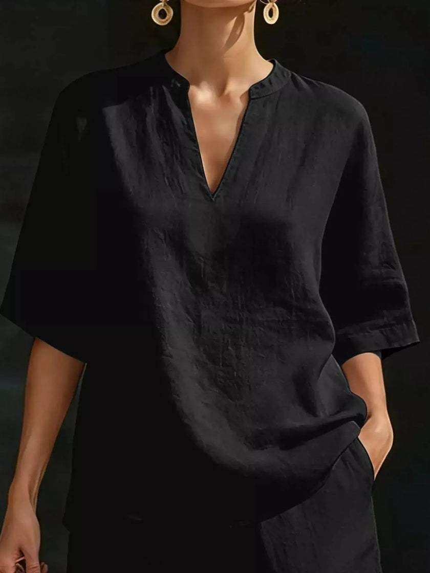 Full Size Notched Half Sleeve Top and Shorts Set  Style Ratio
