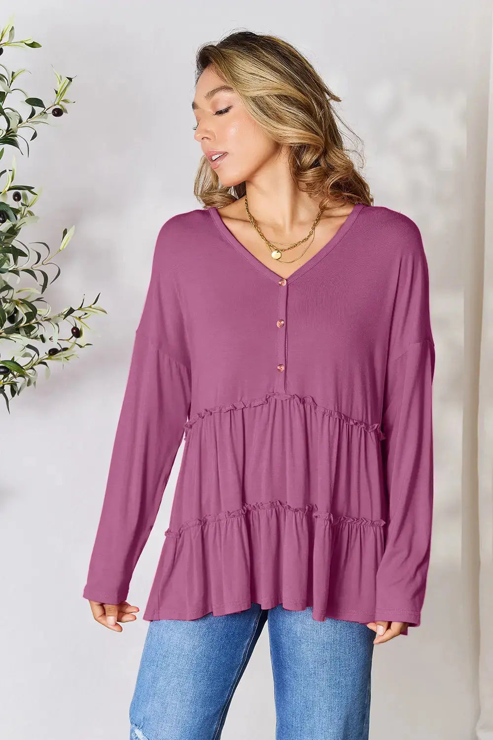 Double Take Half Button Long Sleeve Ruffle Hem Blouse  Style Ratio