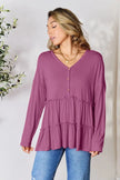 Double Take Half Button Long Sleeve Ruffle Hem Blouse  Style Ratio