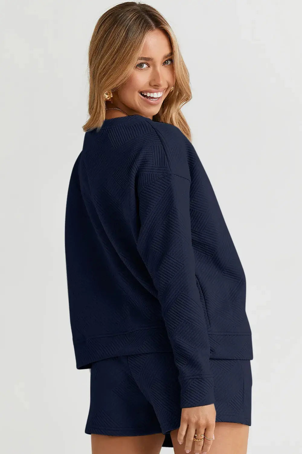 Double Take Full Size Texture Long Sleeve Top and Drawstring Shorts Set  Style Ratio