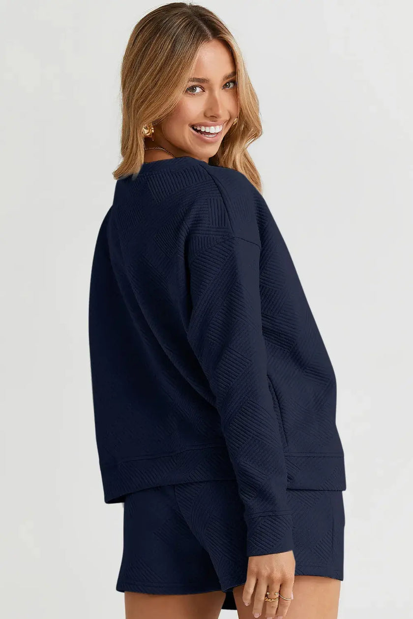 Double Take Full Size Texture Long Sleeve Top and Drawstring Shorts Set  Style Ratio