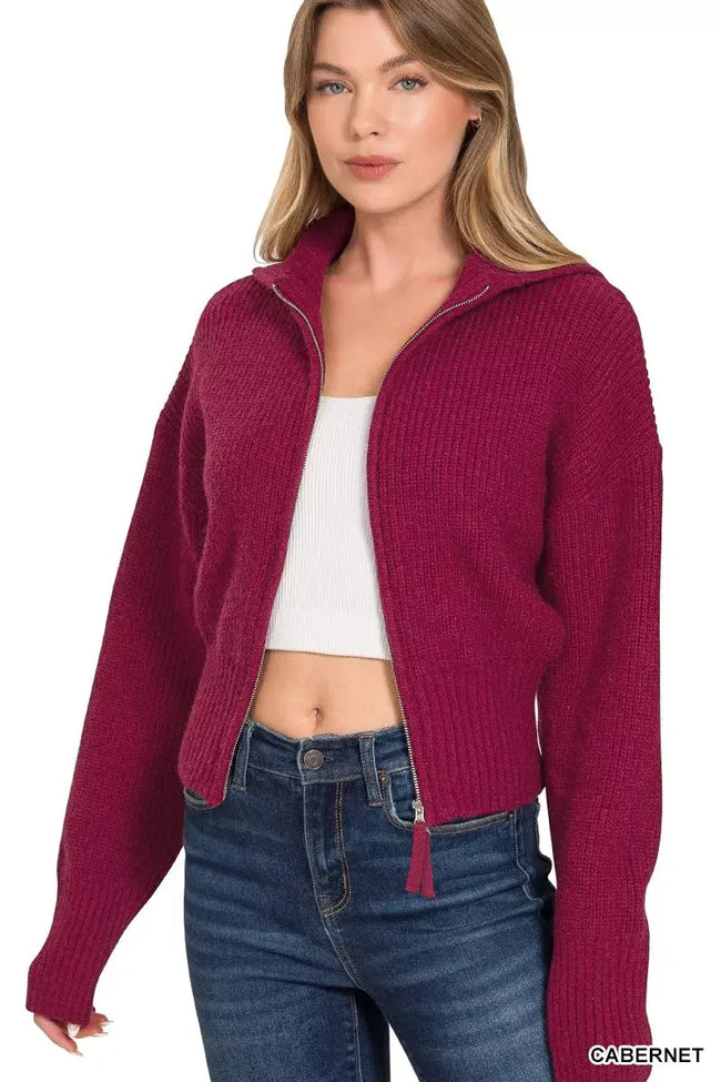 Zenana Ribbed Collared Zip Up Cardigan  Style Ratio