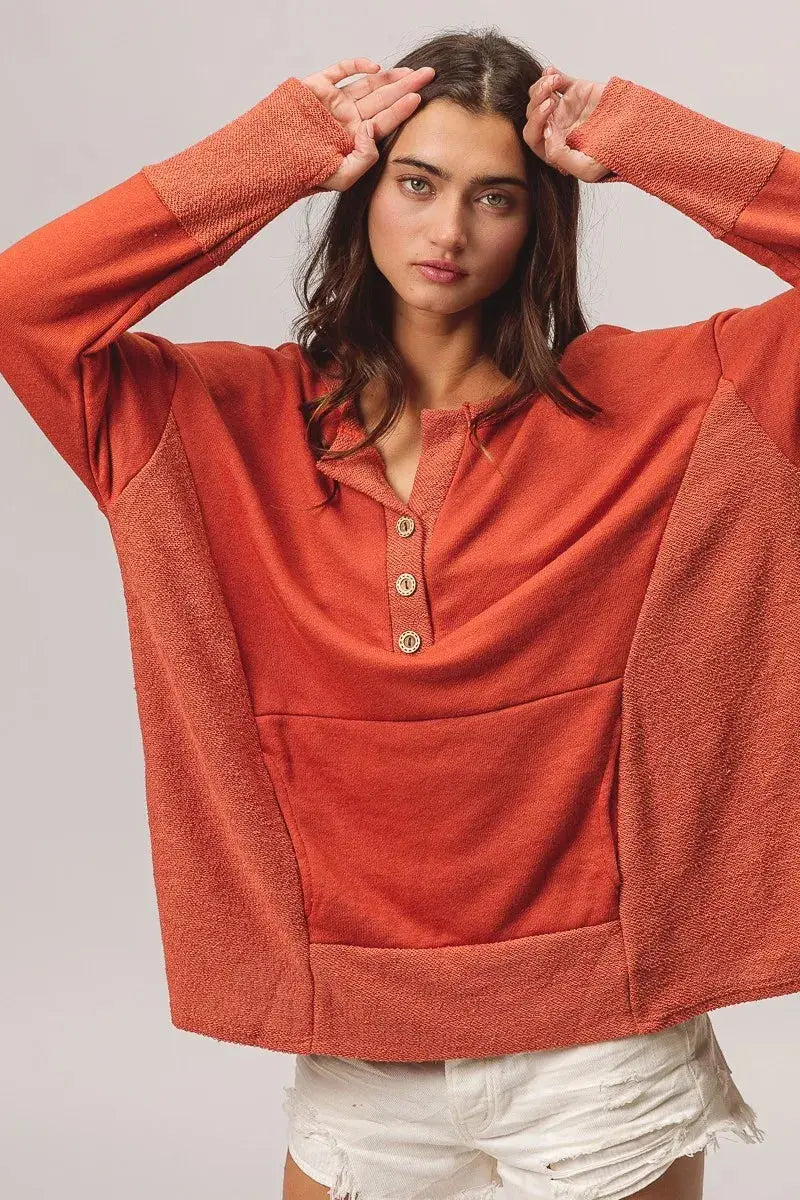 BiBi French Terry Knit Side Block Buttoned Henley Sweatshirt  Style Ratio