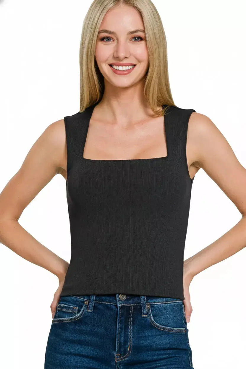 Zenana Ribbed Seamless Double Layered Square Neck Tank  Style Ratio