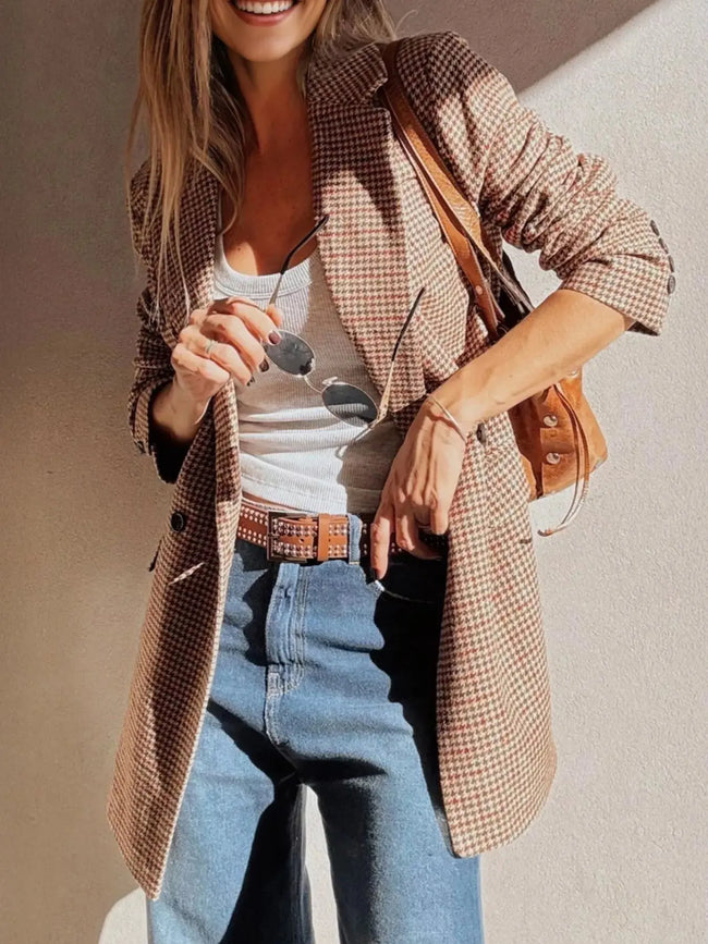 Houndstooth Lapel Collar Blazer  Style Ratio