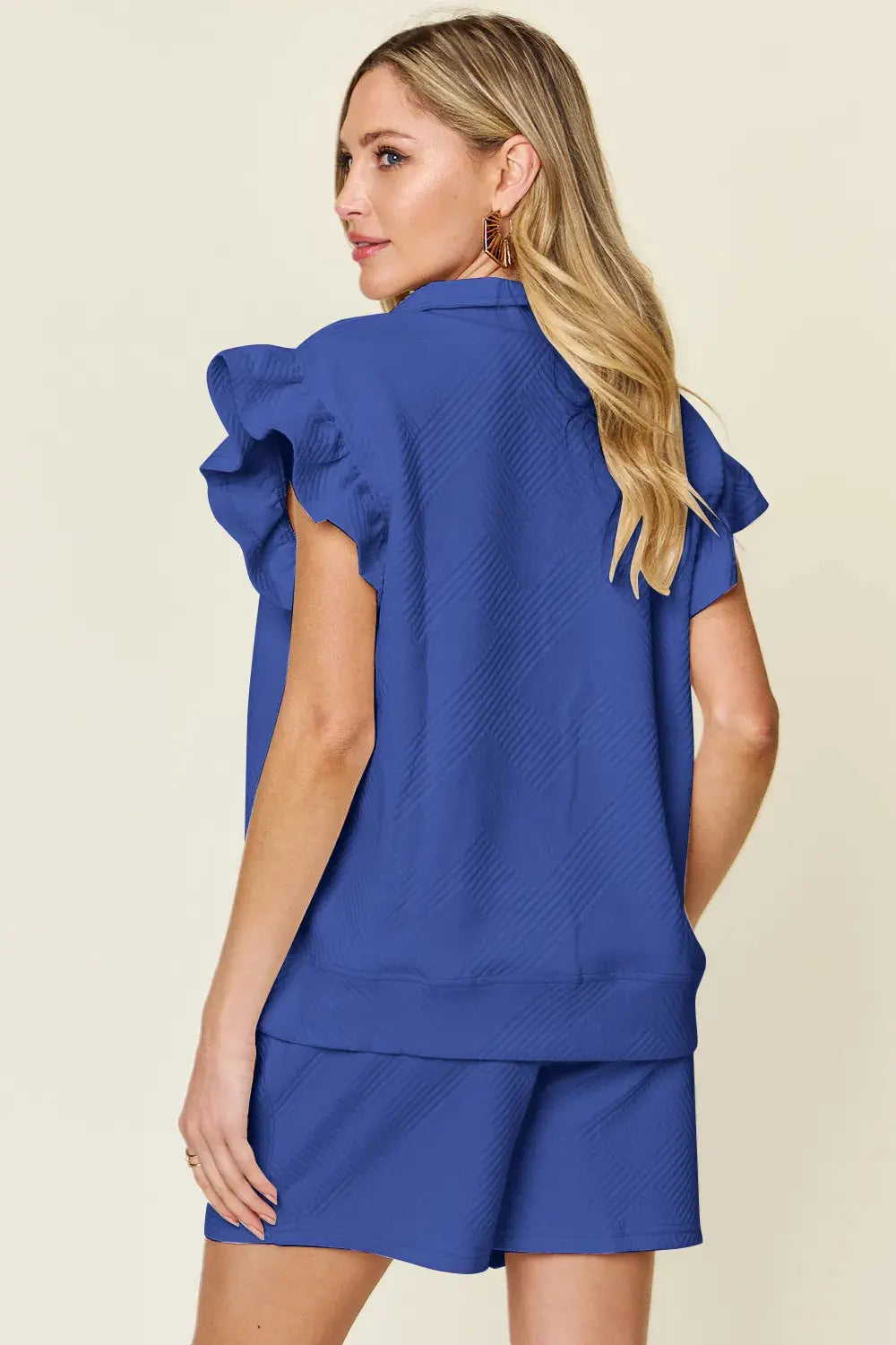 Double Take Texture Flounce Sleeve Top and Drawstring Shorts Set  Style Ratio
